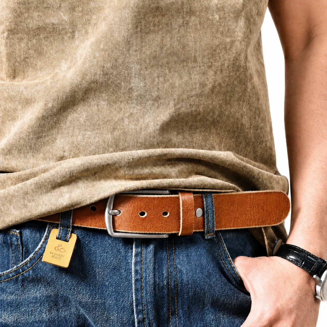 Cinto de Couro Masculino Modelo Retrô Caramelo